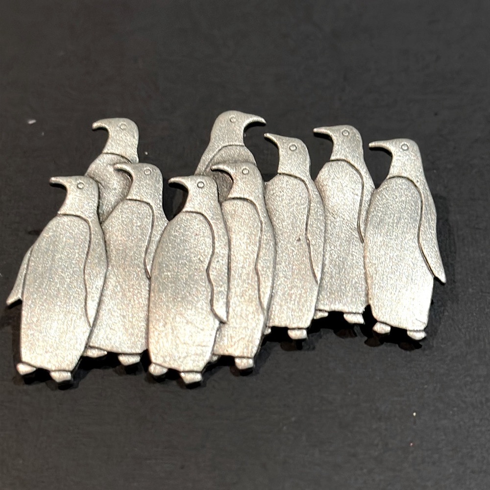 Vintage JJ Pewter Penquins Pin Brooch signed 1988